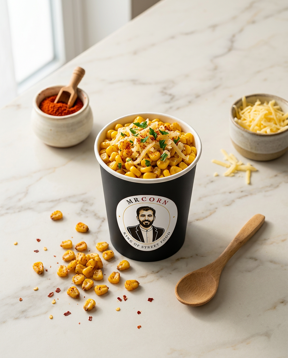 Overhead flat lay of branded Mr Corn sweetcorn cup on marble