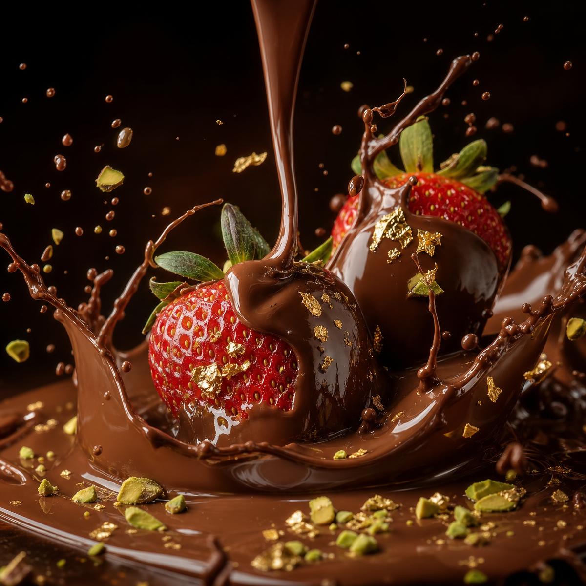 Dubai chocolate strawberries with pistachio and gold leaf